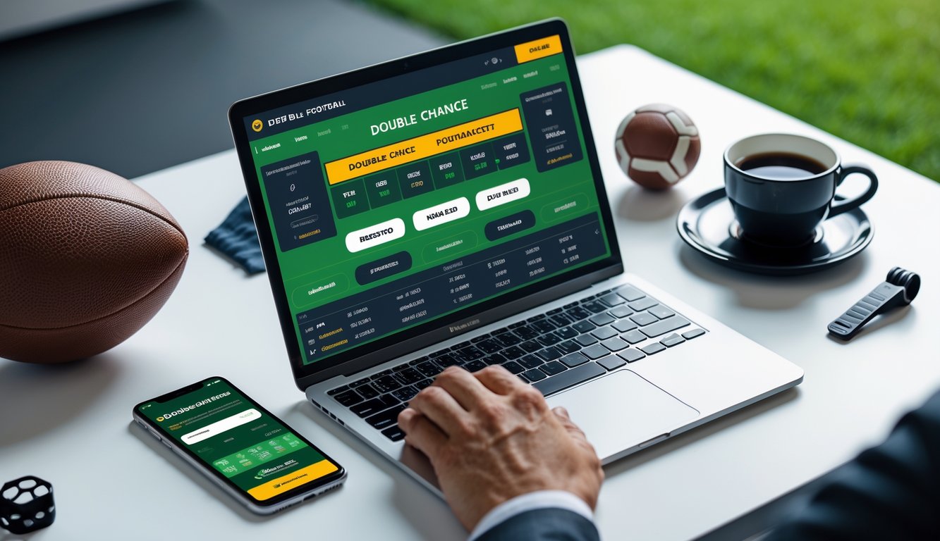 Seorang pria menggunakan laptop dengan tampilan situs taruhan bola online di meja kerja yang rapi, di sekitar terdapat ponsel, bola sepak, dan cangkir kopi.