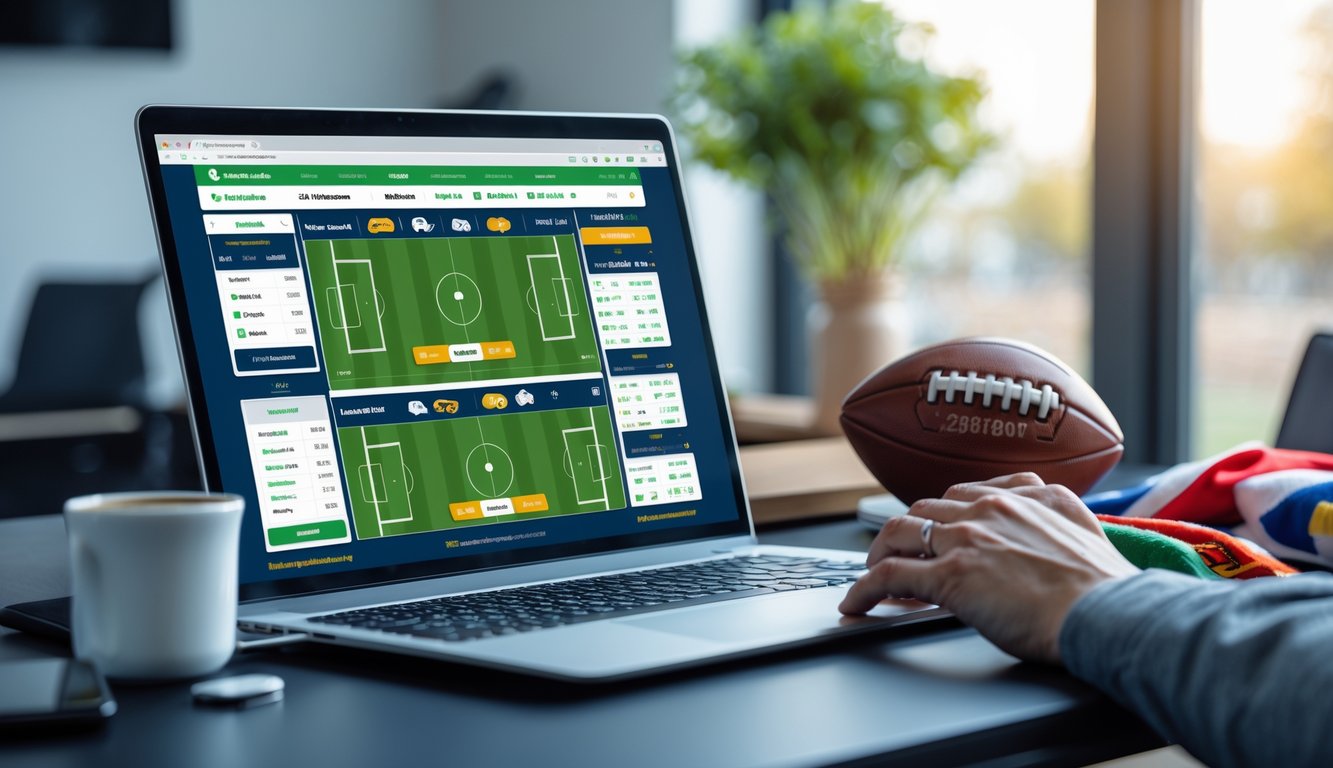 Seorang pengguna di depan komputer dengan layar menampilkan situs taruhan bola online, di ruang kerja yang rapi dengan dekorasi olahraga.