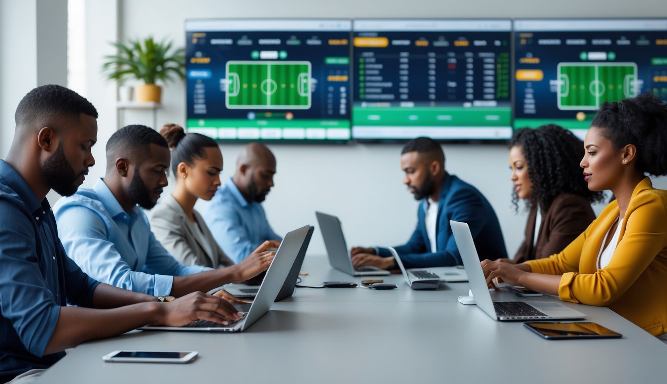 Orang-orang menggunakan laptop dan ponsel untuk memasang taruhan bola secara online di ruang kerja modern dengan layar yang menampilkan pertandingan sepak bola langsung.