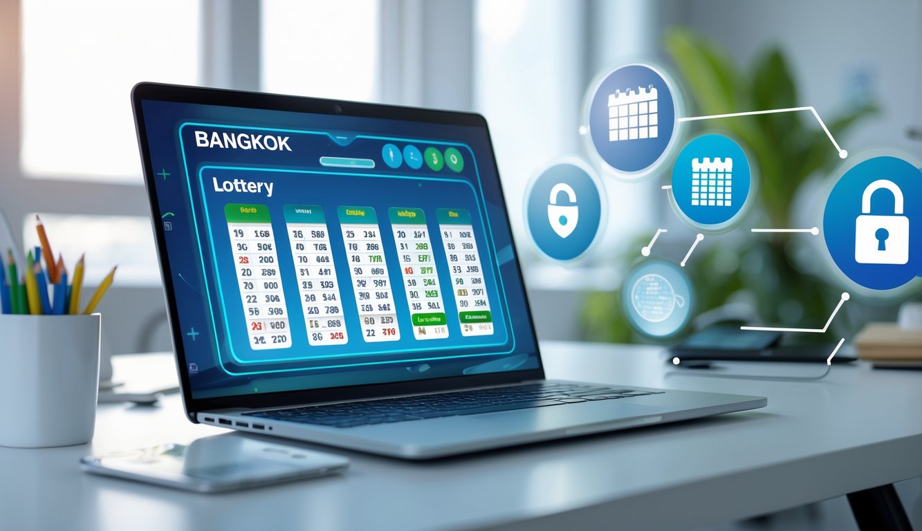 Seseorang menggunakan laptop dengan tampilan antarmuka lotere online di meja kerja yang rapi dan terang.