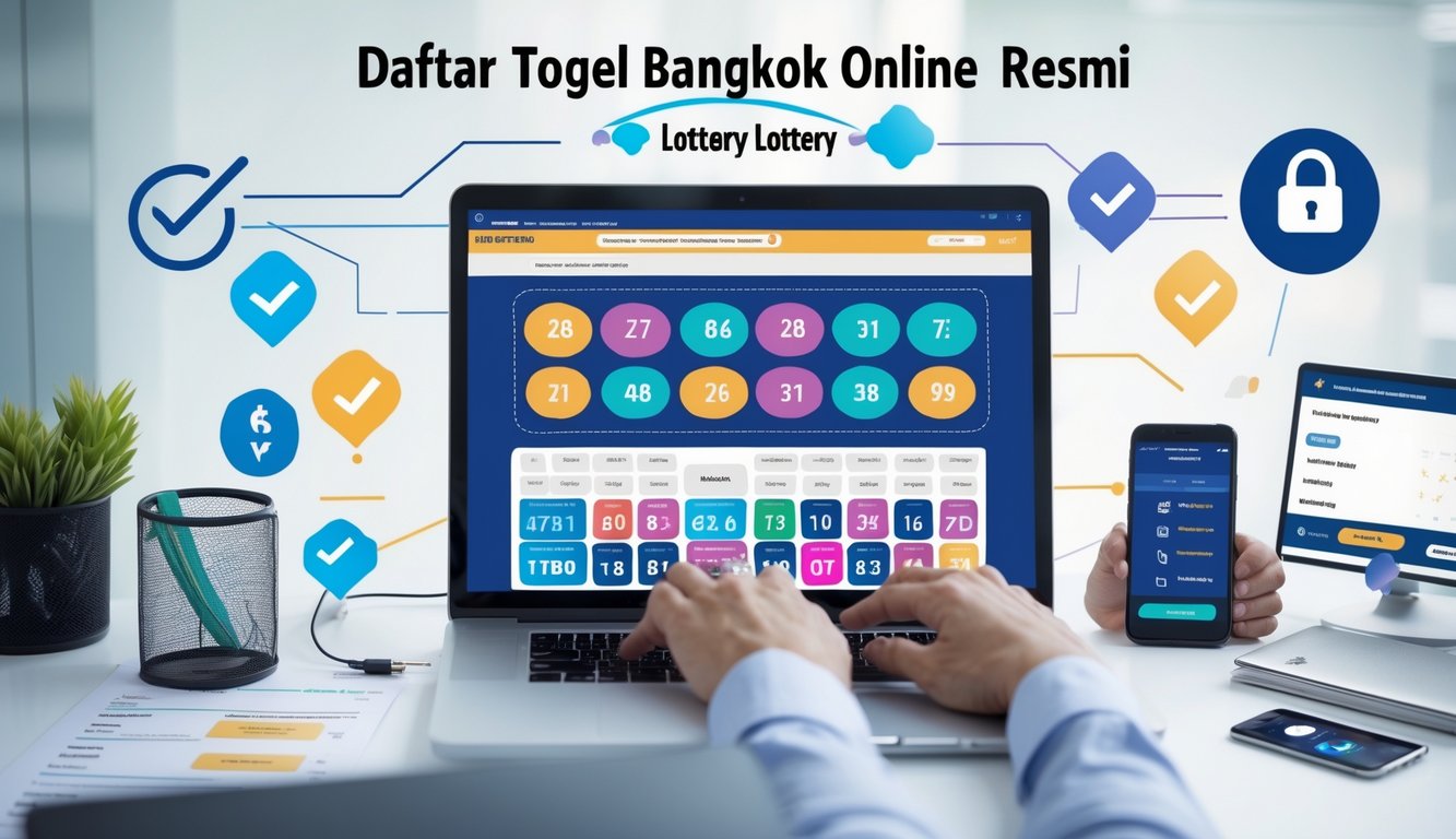 Seseorang menggunakan laptop di meja kerja dengan tampilan situs lotere online dan elemen yang menunjukkan kepercayaan dan kelengkapan layanan.