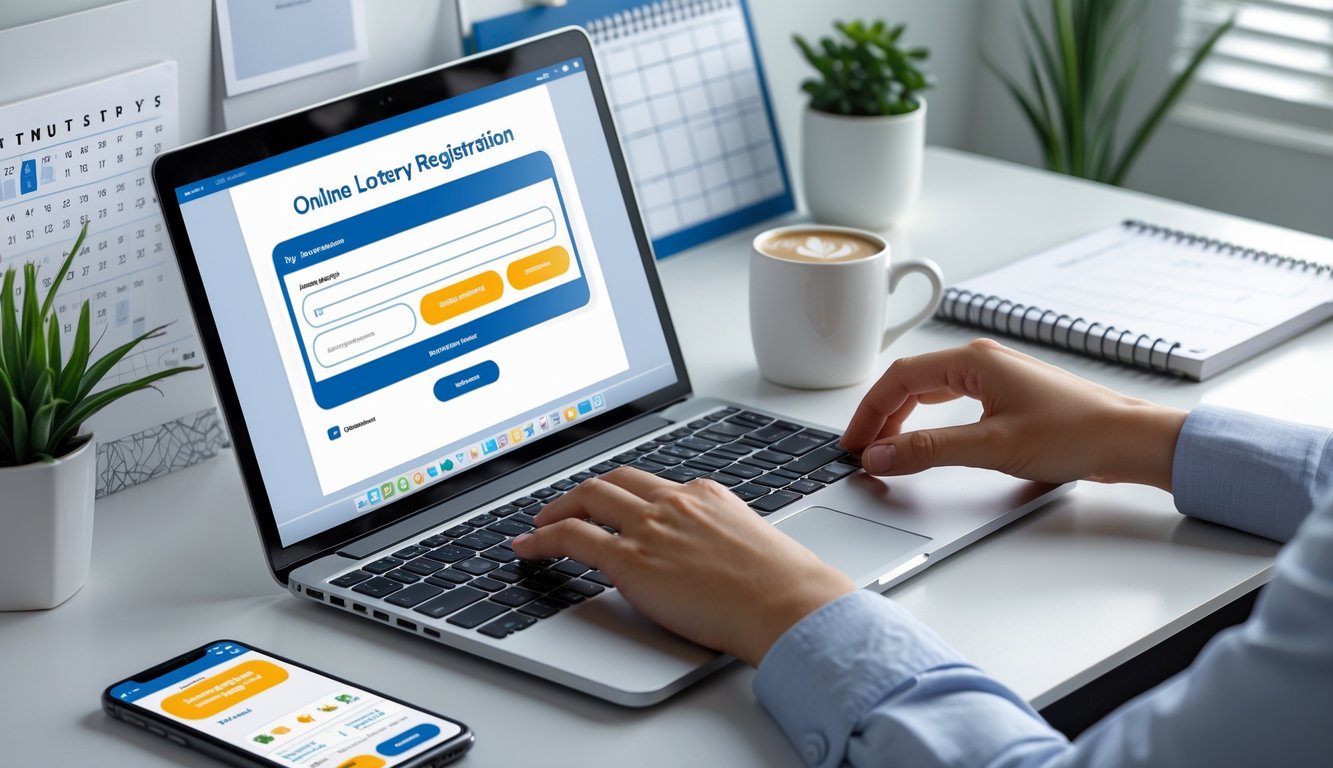 Meja kerja modern dengan laptop dan ponsel yang menampilkan proses pendaftaran togel Bangkok online, tangan seseorang sedang mengetik di laptop.