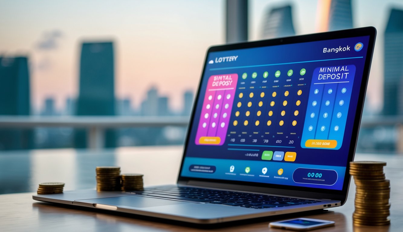 Seseorang menggunakan perangkat digital dengan tampilan antarmuka lotere online yang berwarna-warni, dengan latar belakang samar pemandangan kota Bangkok.