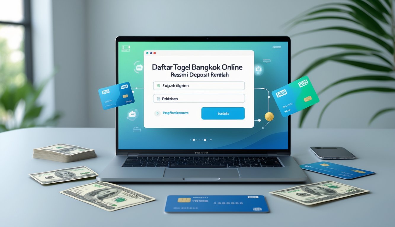 Seorang profesional menggunakan laptop di meja kerja dengan ponsel dan kartu kredit di sampingnya, menggambarkan pendaftaran togel online resmi dengan deposit rendah.