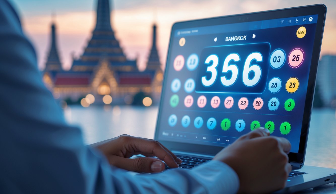 Seseorang menggunakan laptop dengan tampilan layar digital lotre, latar belakang samar kota Bangkok dengan landmark terkenal.