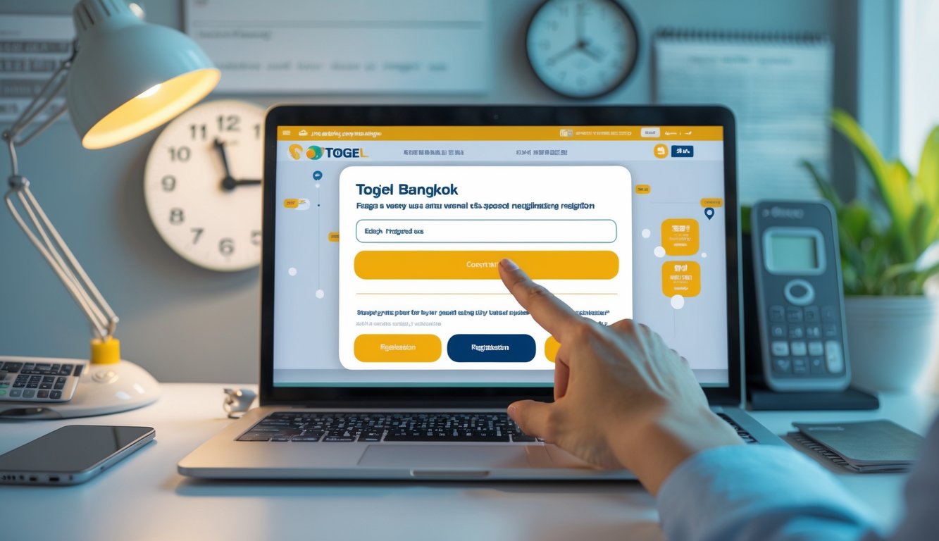 Seseorang menggunakan laptop di meja kerja modern untuk mendaftar situs togel Bangkok secara online dengan suasana yang rapi dan profesional.