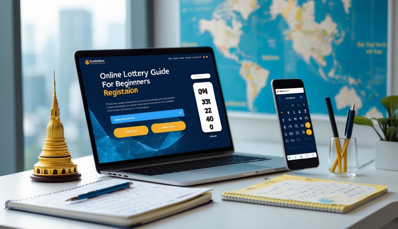 Meja kerja modern dengan laptop, ponsel, dan buku catatan yang menunjukkan aktivitas pendaftaran togel online dengan latar belakang dekorasi kecil bertema Bangkok.