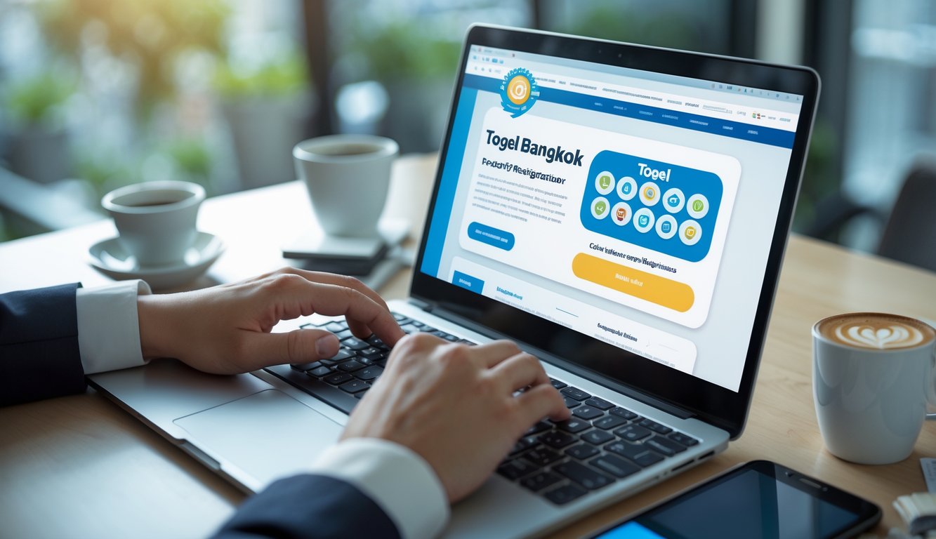 Seseorang sedang menggunakan laptop untuk mendaftar togel Bangkok online di sebuah meja kerja dengan suasana yang rapi.