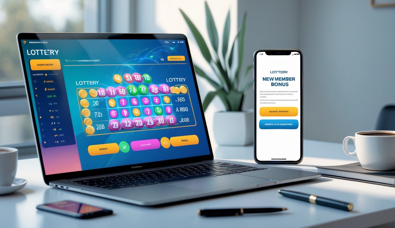 Meja kerja modern dengan laptop dan ponsel yang menampilkan antarmuka permainan lotre online, disertai kopi dan alat tulis.