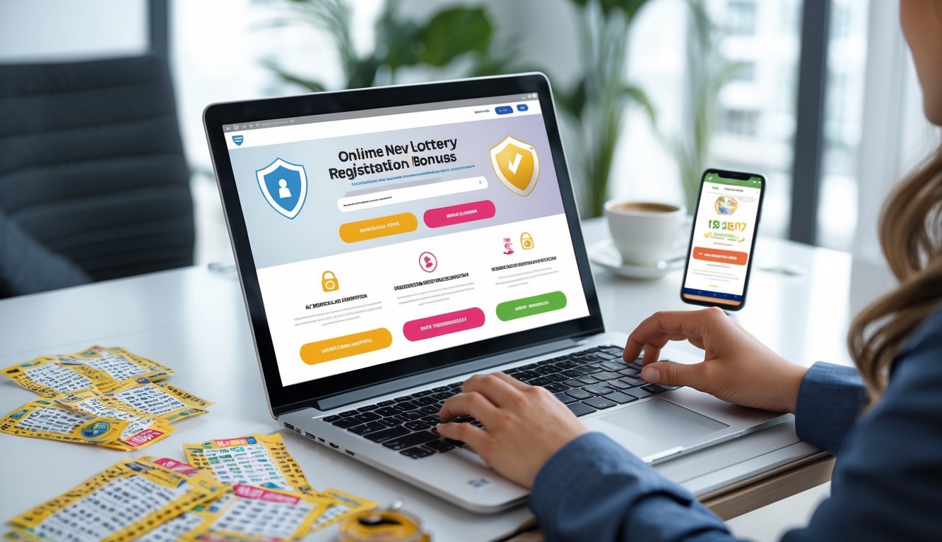 Seseorang menggunakan laptop di meja kerja dengan tampilan situs pendaftaran togel online resmi, di sekitar ada tiket togel, ponsel, dan secangkir kopi.