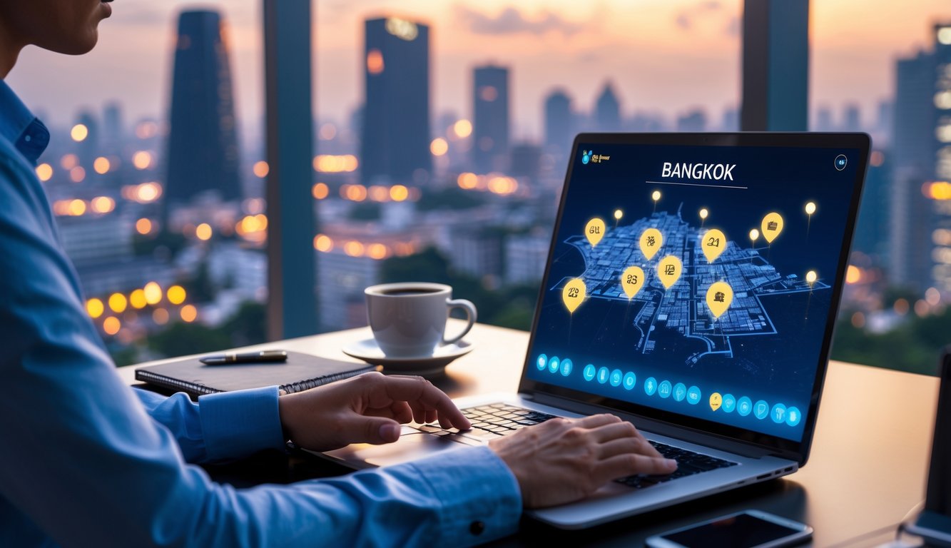 Seorang pria menggunakan laptop di meja kerja dengan latar belakang pemandangan kota Bangkok yang samar.