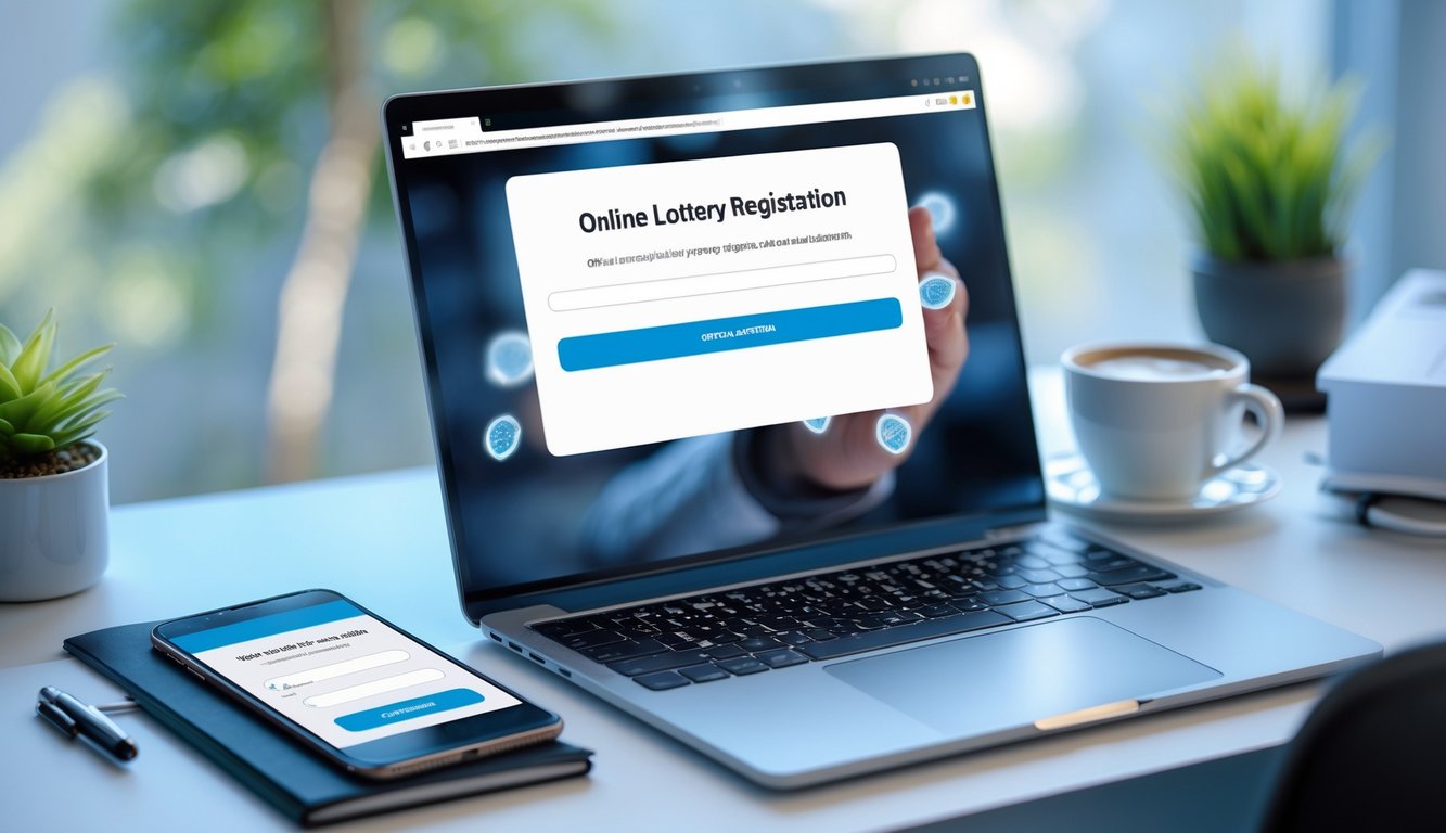 Meja kerja dengan laptop dan ponsel yang menampilkan layar login, secangkir kopi, dan buku catatan di ruang yang terang.