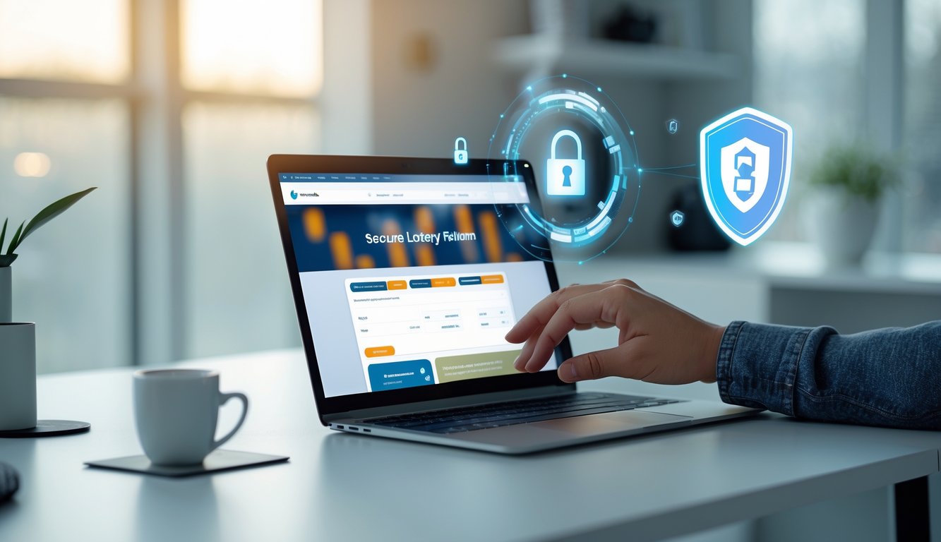 Sebuah laptop di meja kerja modern dengan ikon keamanan digital dan tangan yang sedang menggunakan laptop.