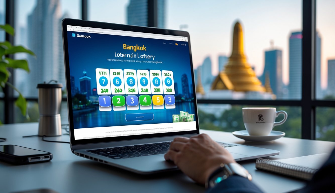 Seorang pengguna sedang melihat situs lotere online di laptop dengan latar belakang pemandangan kota Bangkok.