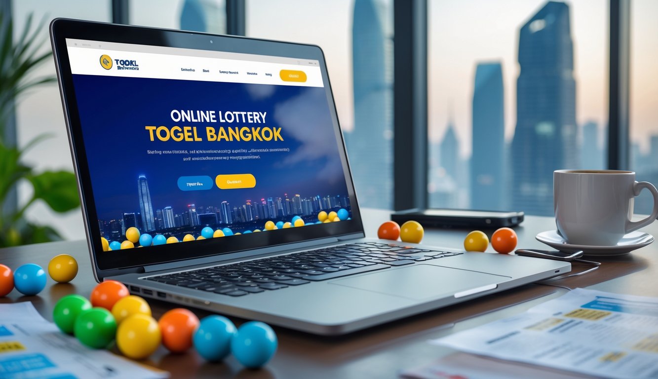 Seorang pengguna sedang melihat situs togel online di laptop dengan bola togel di atas meja dan latar belakang siluet kota Bangkok.