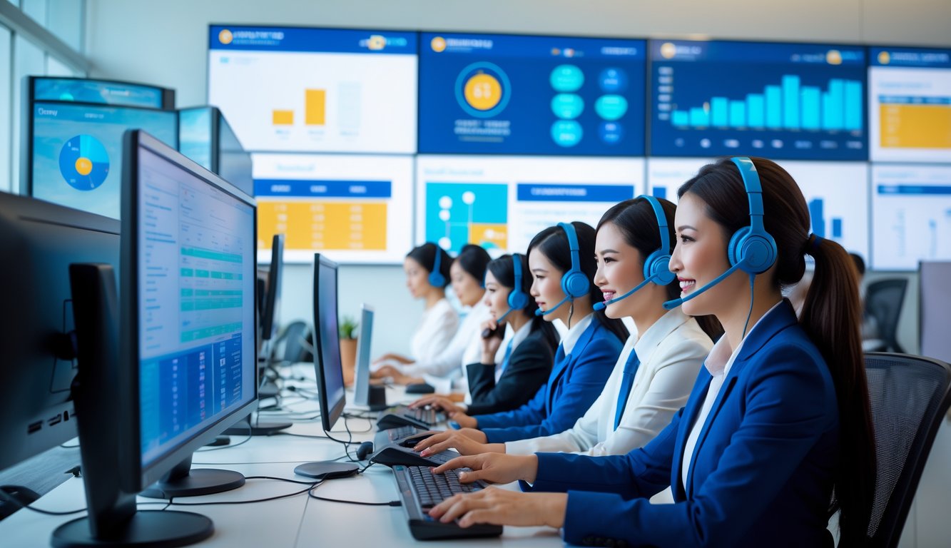 Pusat layanan pelanggan dengan staf yang sedang membantu klien melalui komputer dan telepon di kantor modern yang terang.