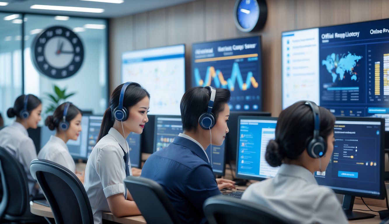 Pusat layanan pelanggan modern dengan staf menggunakan headset di depan komputer, menunjukkan layanan nonstop 24 jam untuk daftar togel Bangkok online resmi.