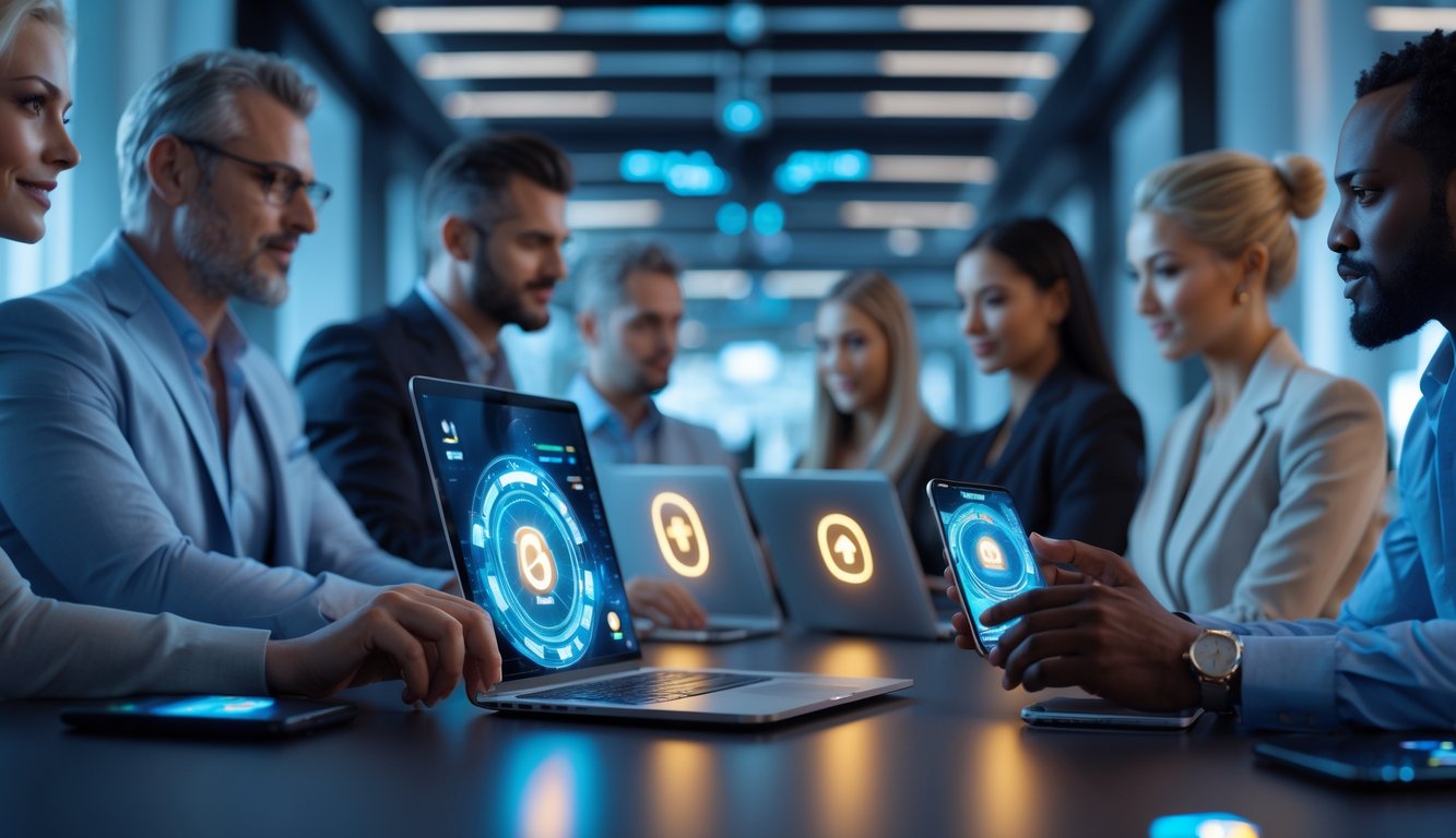 Beberapa orang dewasa menggunakan laptop dan ponsel di kantor modern yang terang, menunjukkan suasana aman dan cepat dalam bermain judi online.