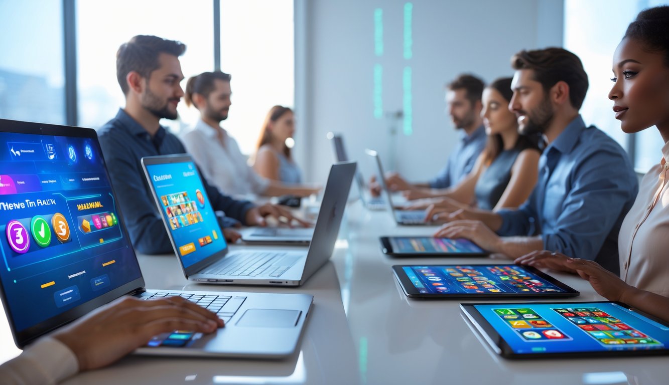 Beberapa orang menggunakan perangkat digital di ruangan modern yang terang, terlihat fokus dan percaya diri saat mengakses layanan judi online resmi yang aman dan cepat.