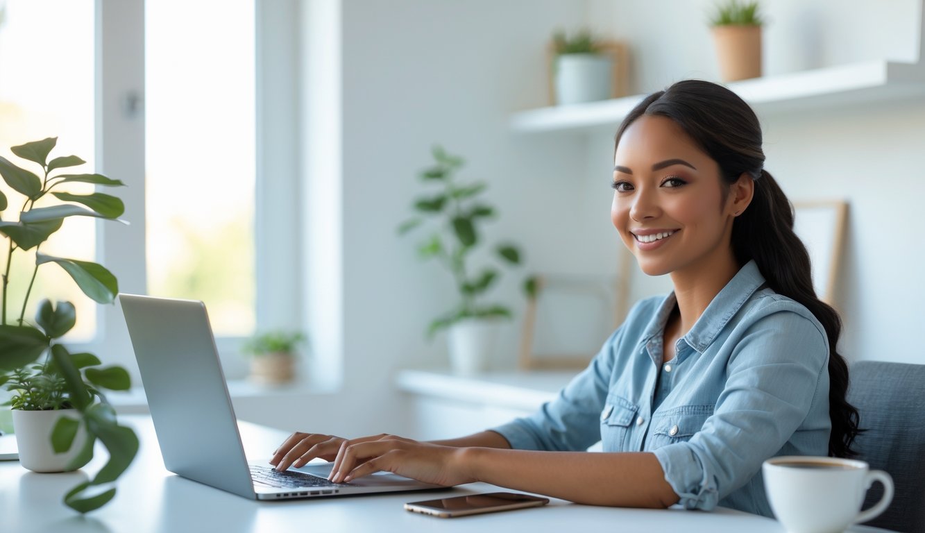 Seorang wanita muda duduk di meja dengan laptop dan ponsel, tersenyum di ruang kerja yang terang dan rapi.