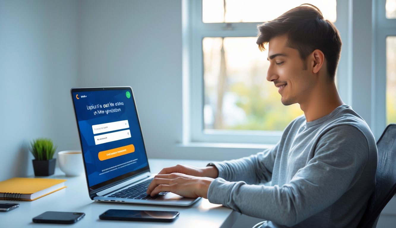 Seorang dewasa muda duduk di meja rumah yang terang sambil menggunakan laptop untuk mendaftar di situs judi online resmi dengan suasana yang nyaman dan fokus.