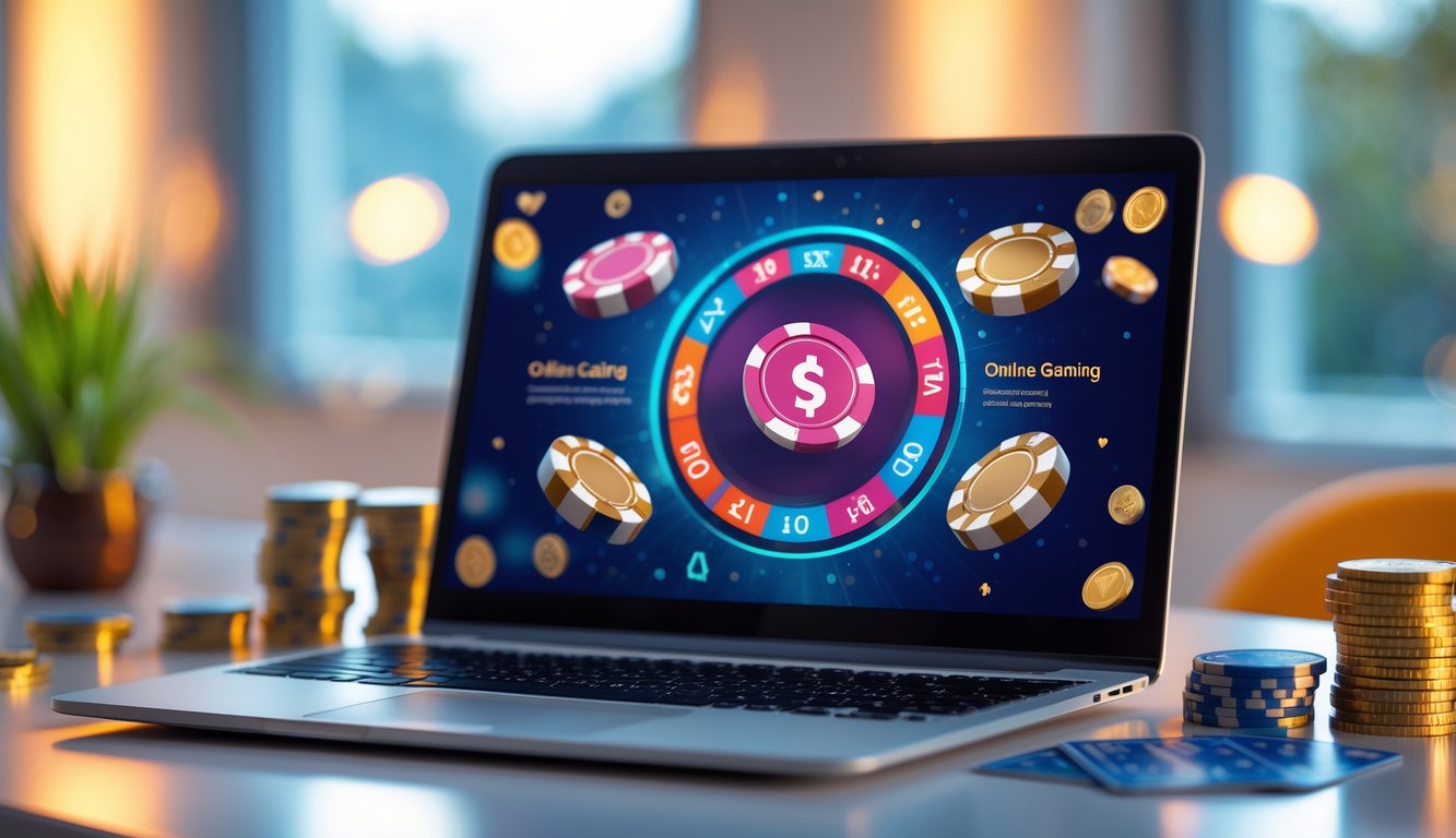 Meja kerja modern dengan komputer yang menampilkan permainan kasino online dan berbagai chip poker serta kartu di sekitarnya.