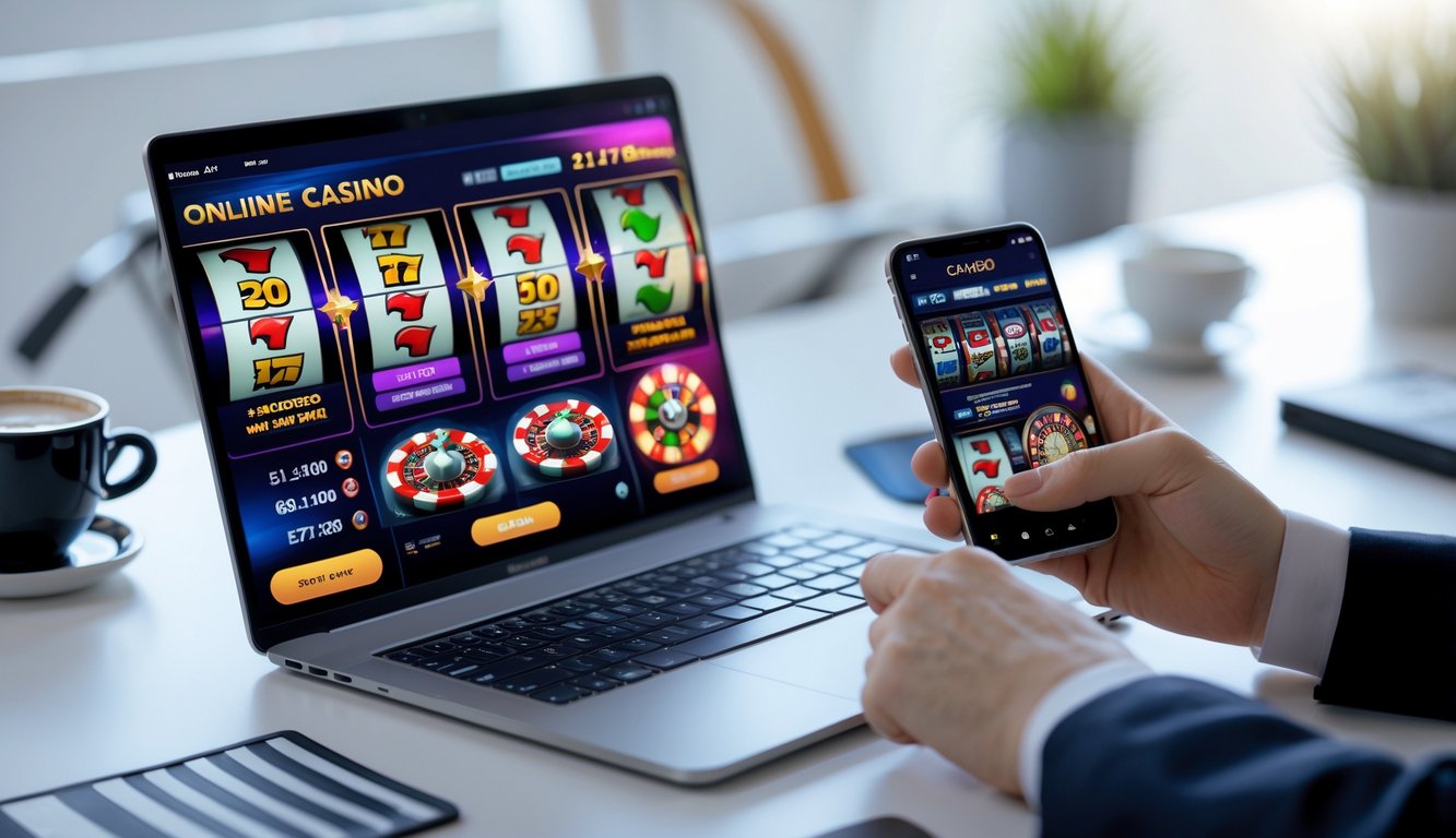 Seseorang menggunakan laptop dan ponsel untuk bermain judi online di meja kerja yang rapi.
