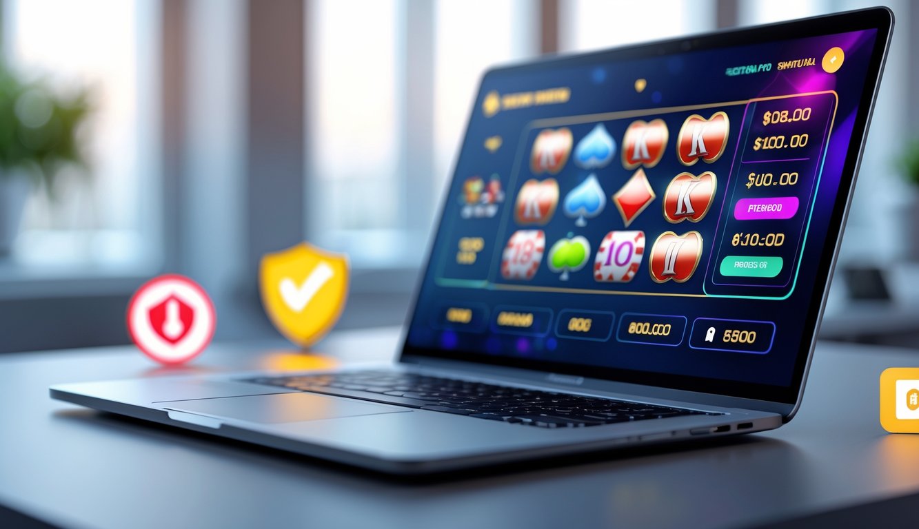 Sebuah ruang kerja digital modern dengan layar komputer yang menampilkan antarmuka kasino online dan simbol keamanan.