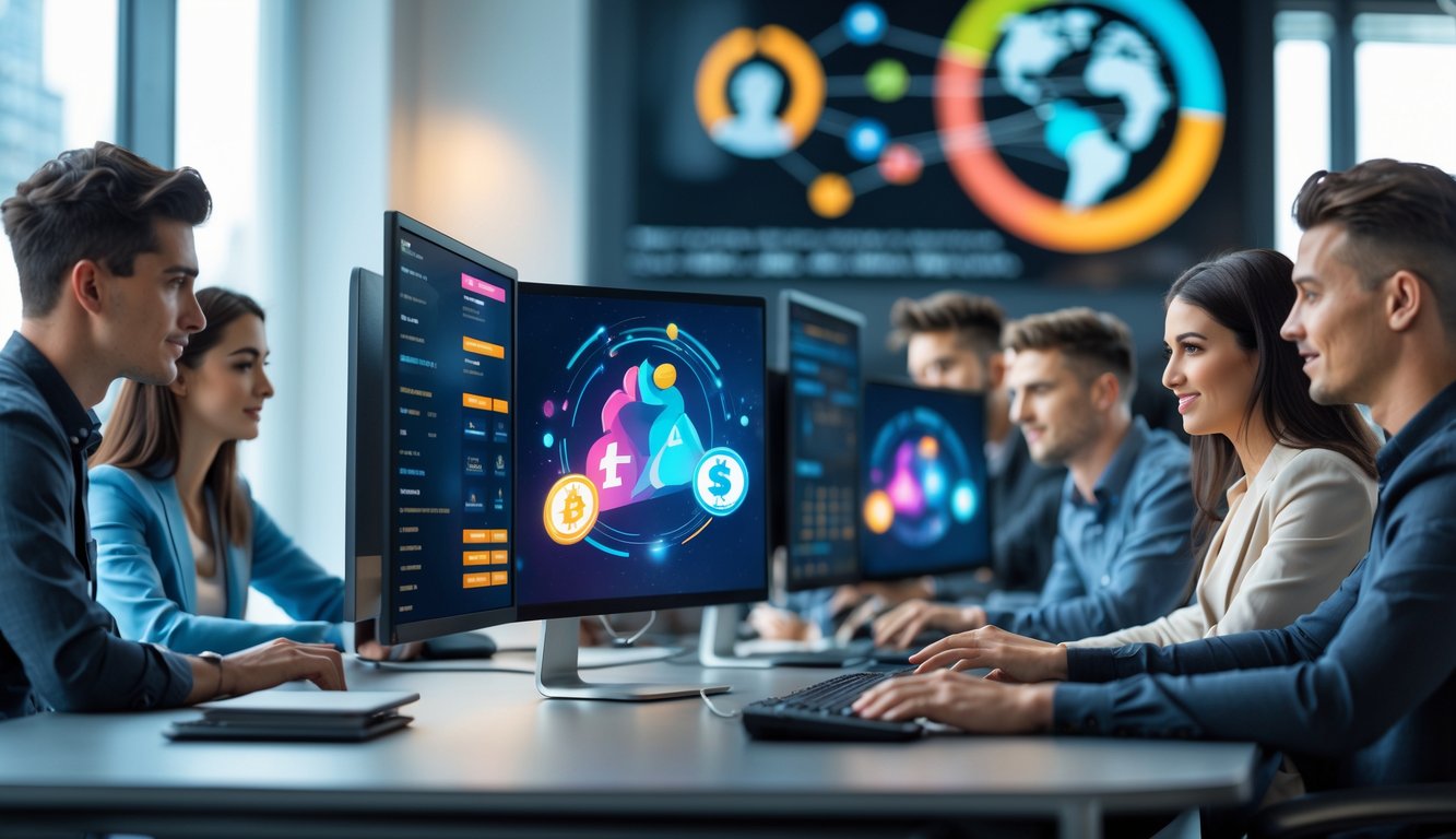 Sekelompok orang muda sedang bekerja di depan komputer dengan tampilan grafik digital yang menggambarkan perjudian online resmi dan terpercaya.