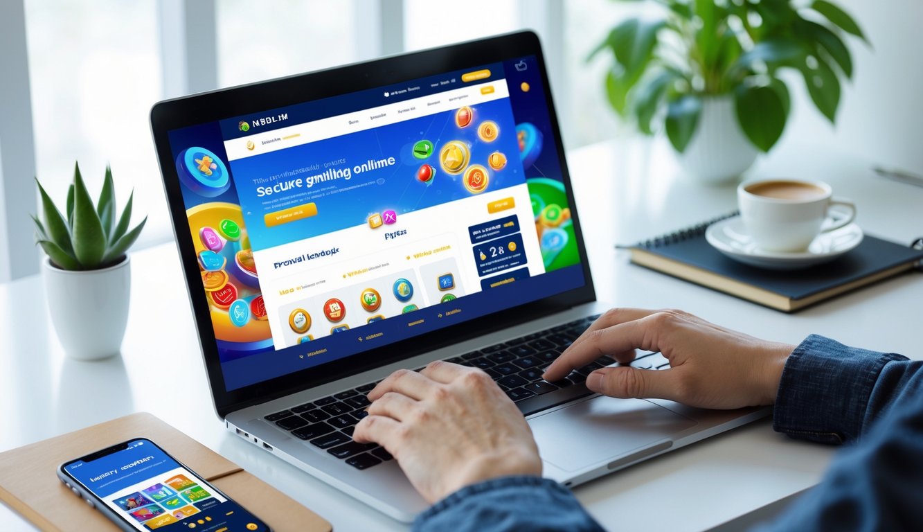 Meja kerja modern dengan laptop dan ponsel yang menampilkan antarmuka situs judi online, tangan mengetik di keyboard, dan secangkir kopi di samping.