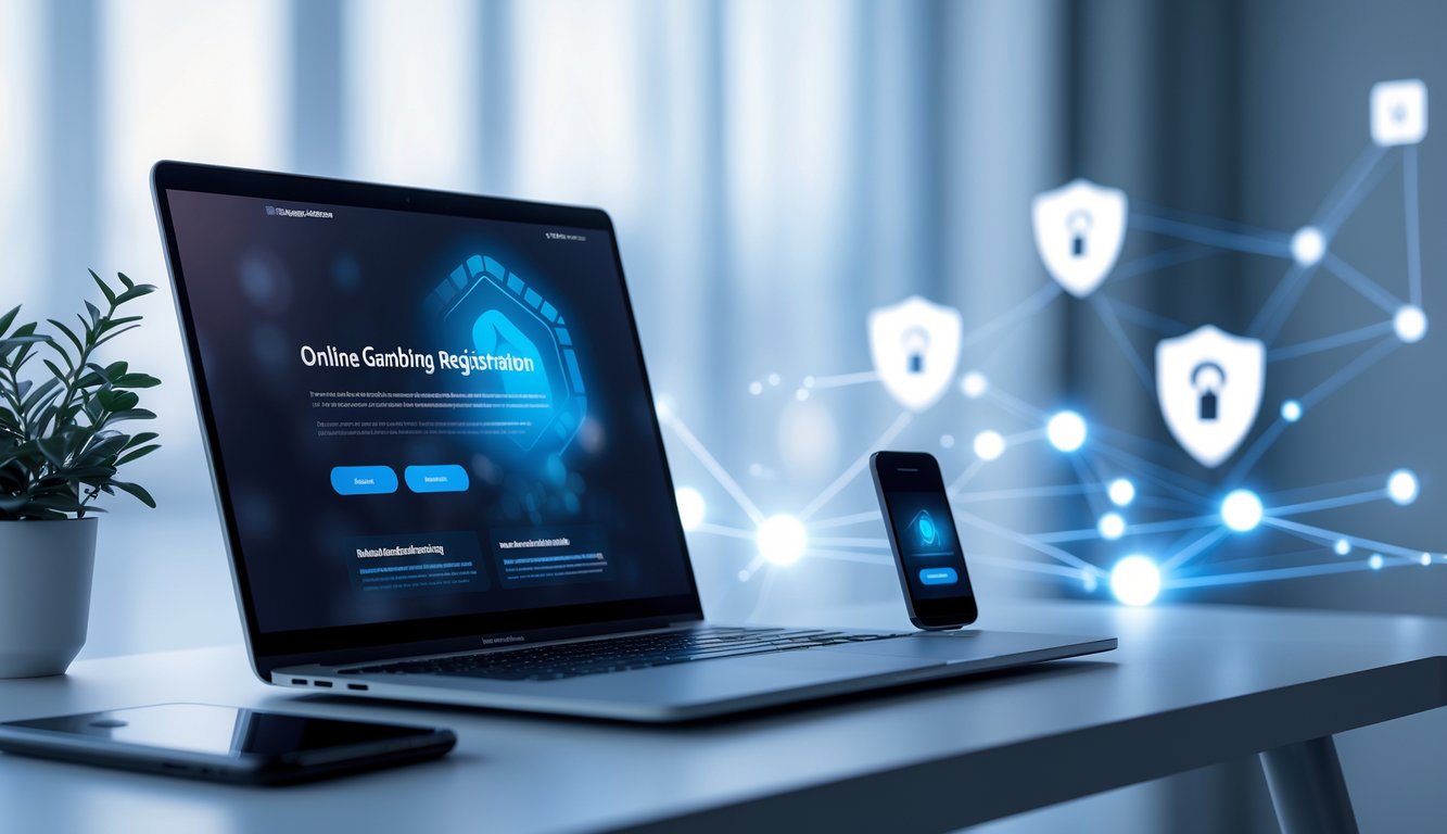 Seorang pengguna sedang mengakses situs judi online resmi di laptop dan ponsel di meja kerja dengan latar belakang elemen digital yang menandakan keamanan dan koneksi.