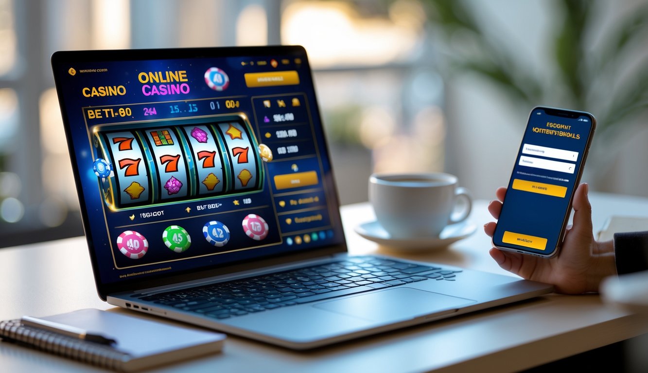 Seorang pengguna duduk di depan laptop dan smartphone yang menampilkan layar permainan judi online dengan suasana meja kerja yang rapi dan terang.