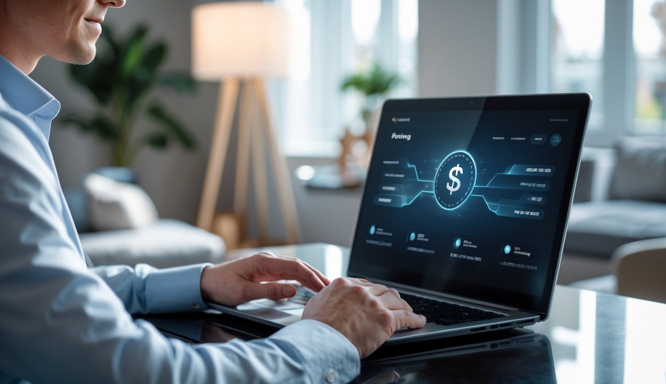 Seseorang menggunakan laptop di ruang tamu yang nyaman dengan pencahayaan alami, tampak fokus dan puas.