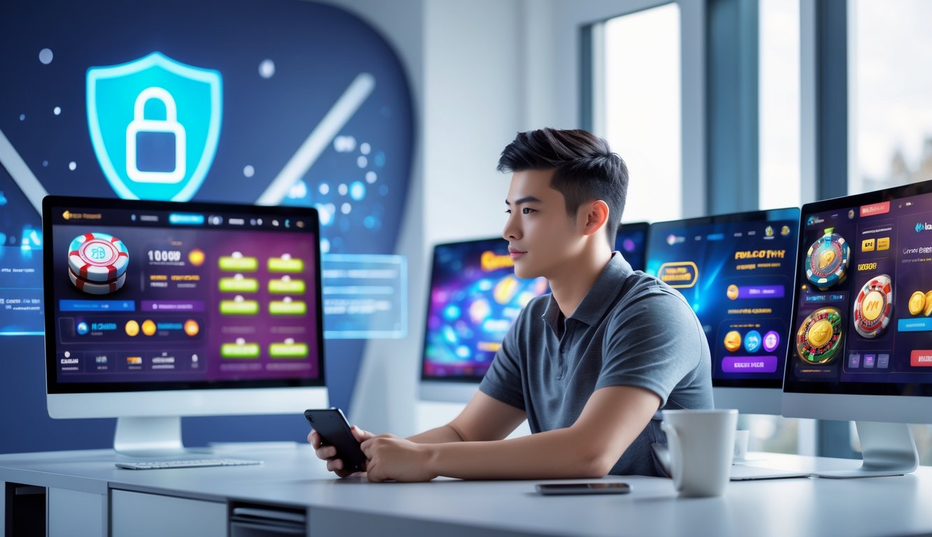 Seorang dewasa muda duduk di meja dengan beberapa monitor komputer menampilkan permainan kasino online dan antarmuka taruhan, dengan elemen keamanan digital di latar belakang.