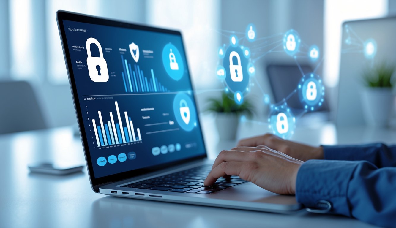 Seorang pengguna mengetik di laptop dengan tampilan grafik dan ikon keamanan di layar, menggambarkan lingkungan judi online yang aman.