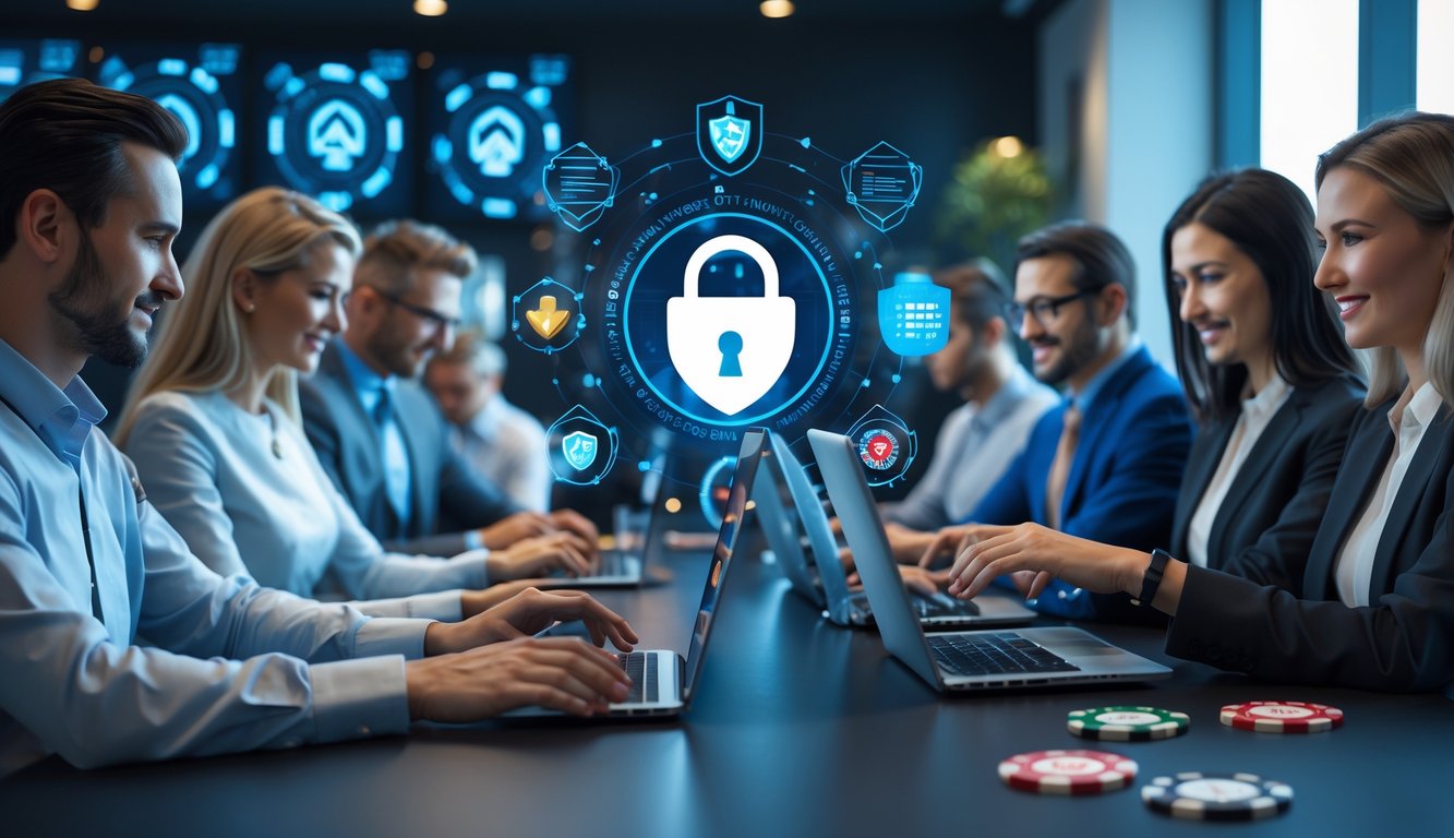 Sekelompok orang menggunakan laptop dan ponsel di ruangan modern dengan simbol keamanan data dan elemen permainan judi online di latar belakang.