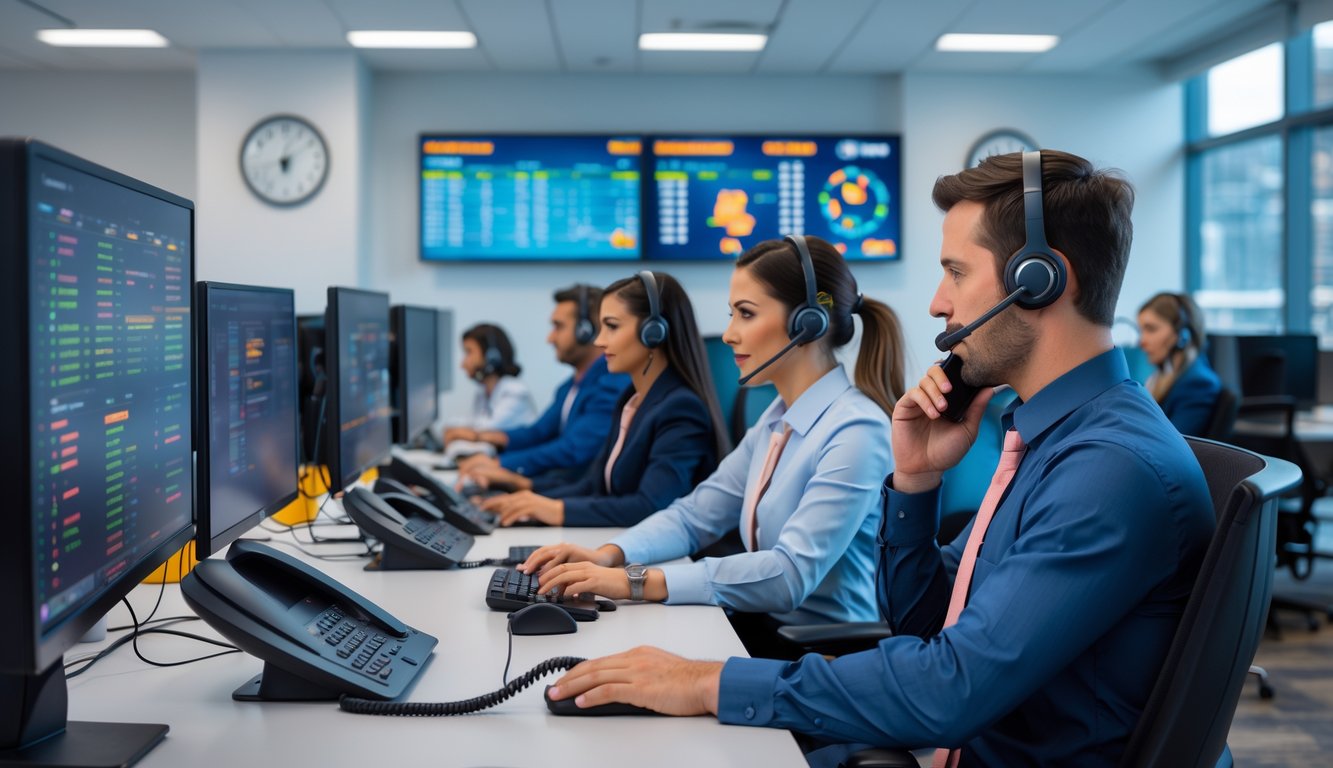 Beberapa staf layanan pelanggan sedang bekerja di pusat layanan dengan komputer dan headset, suasana kantor modern dan profesional.