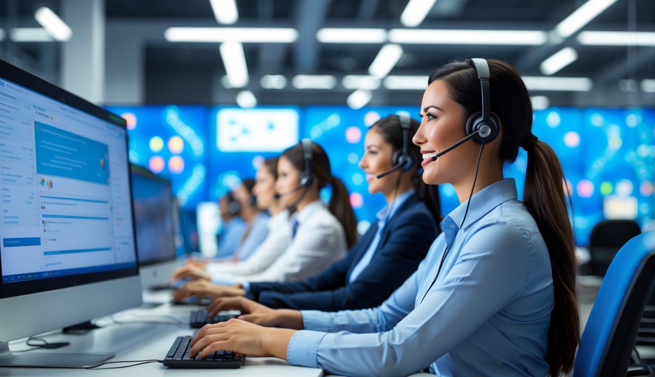 Pusat layanan pelanggan profesional dengan staf yang menggunakan headset dan bekerja di komputer dalam kantor modern yang terang.