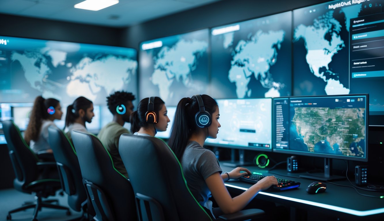 Sekelompok pemain berbagai latar belakang sedang bermain game multiplayer online di ruangan modern dengan layar komputer dan suasana yang aman dan terpercaya.