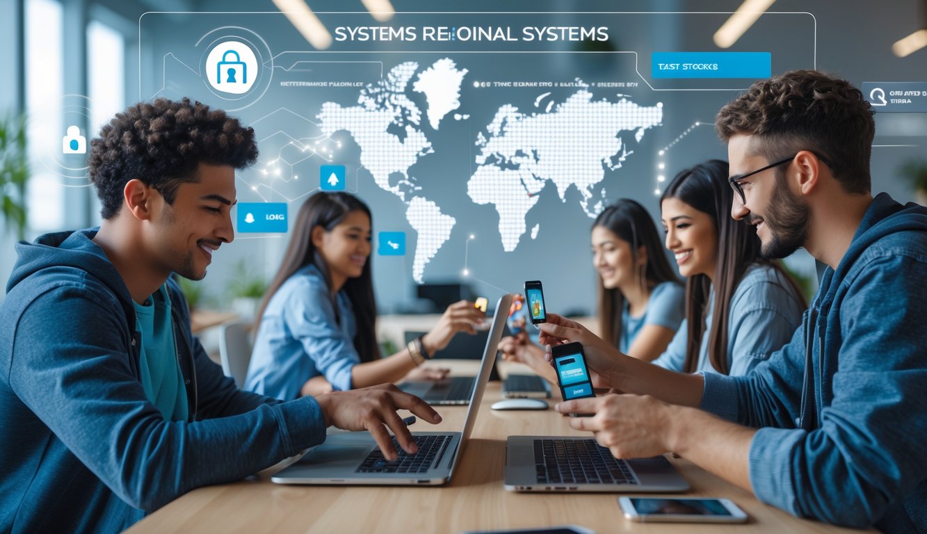 Beberapa orang muda menggunakan laptop dan ponsel untuk bermain game kartu online di ruangan modern yang terang dan nyaman.