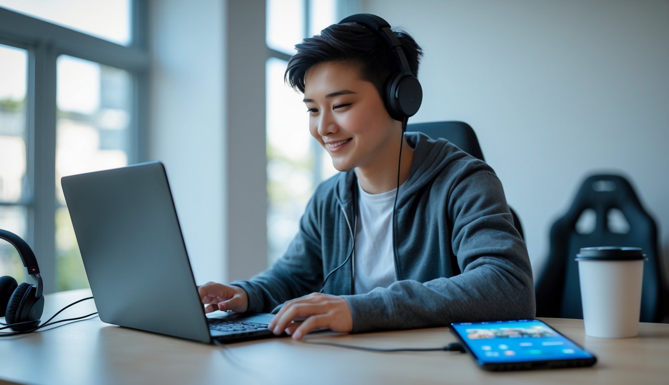 Seorang pemula sedang mendaftar permainan multipemain regional online menggunakan laptop di meja kerja yang rapi.