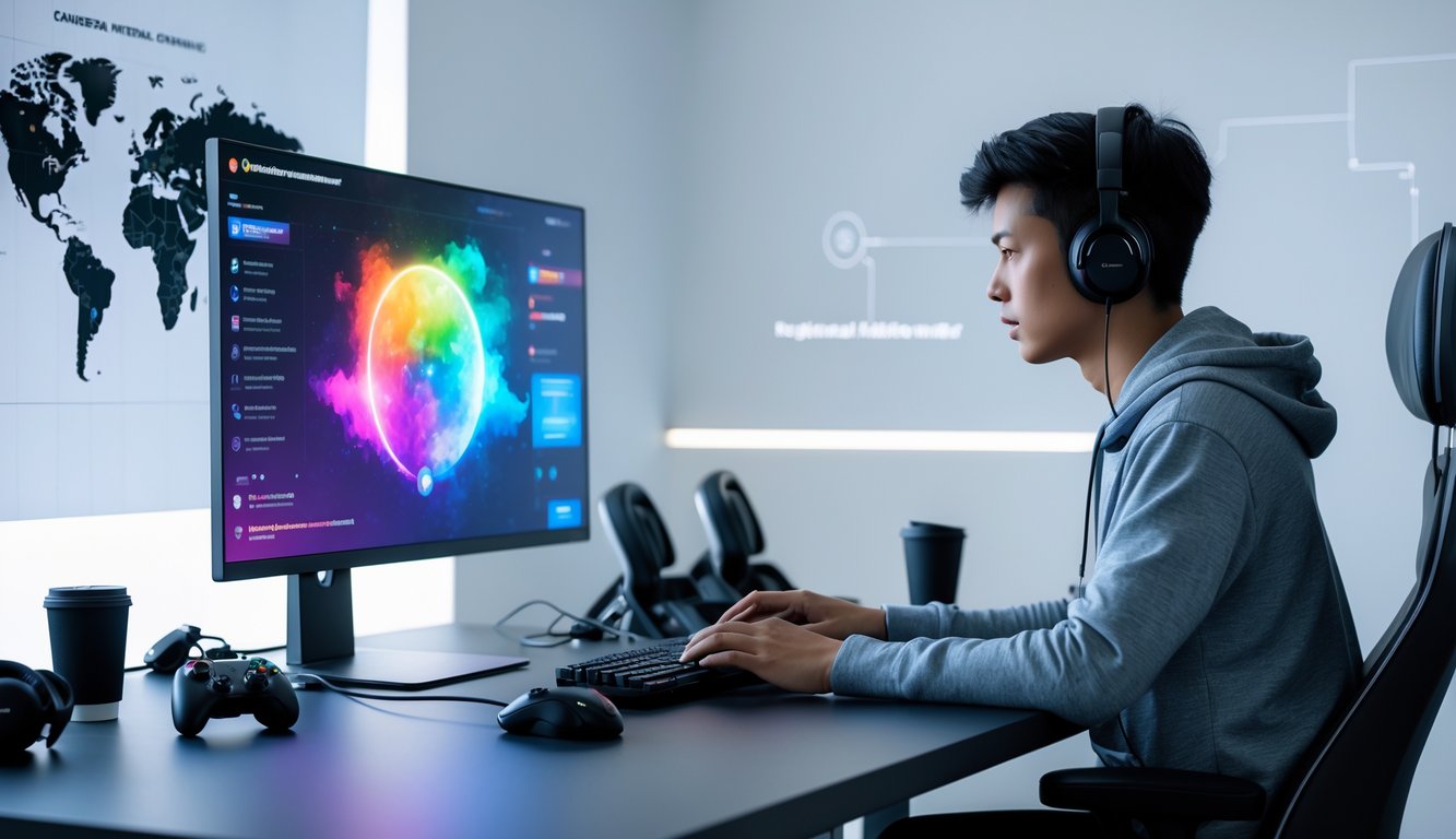 Seorang dewasa muda duduk di depan komputer di ruang kerja modern, sedang mendaftar permainan multiplayer online dengan fokus dan serius.