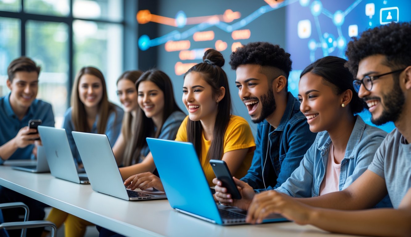 Sekelompok orang muda sedang bermain game online bersama di ruang kerja modern dengan perangkat elektronik.