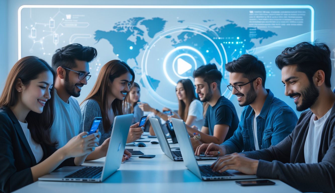 Sekelompok orang muda bermain permainan kartu secara online menggunakan laptop dan ponsel di ruangan modern dengan latar belakang elemen digital dan peta regional.