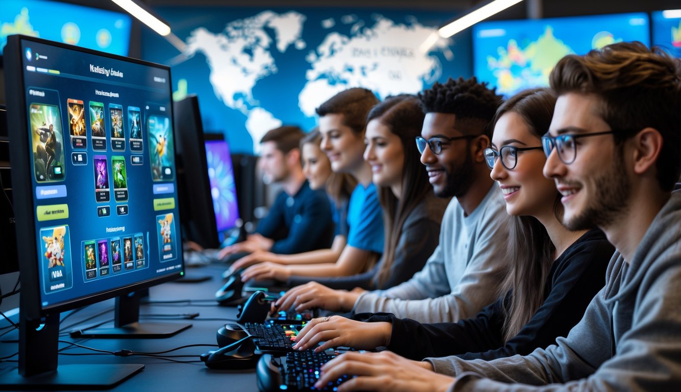 Sekelompok orang muda sedang bermain game kartu multiplayer secara online di ruang kerja modern dengan beberapa monitor.