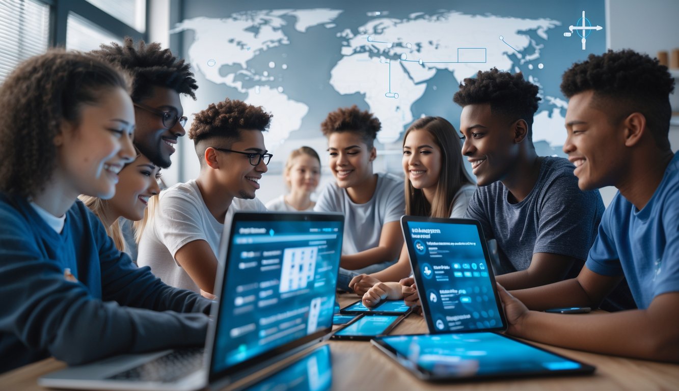 Sekelompok orang muda sedang bermain game online bersama di ruangan modern dengan beberapa perangkat digital.