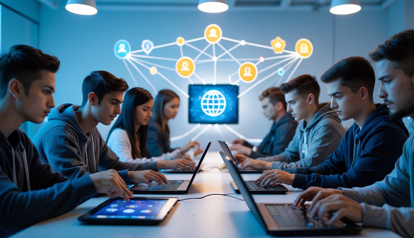 Sekelompok orang muda sedang bermain game kartu online bersama di ruangan modern dengan perangkat digital dan latar belakang simbol jaringan server.