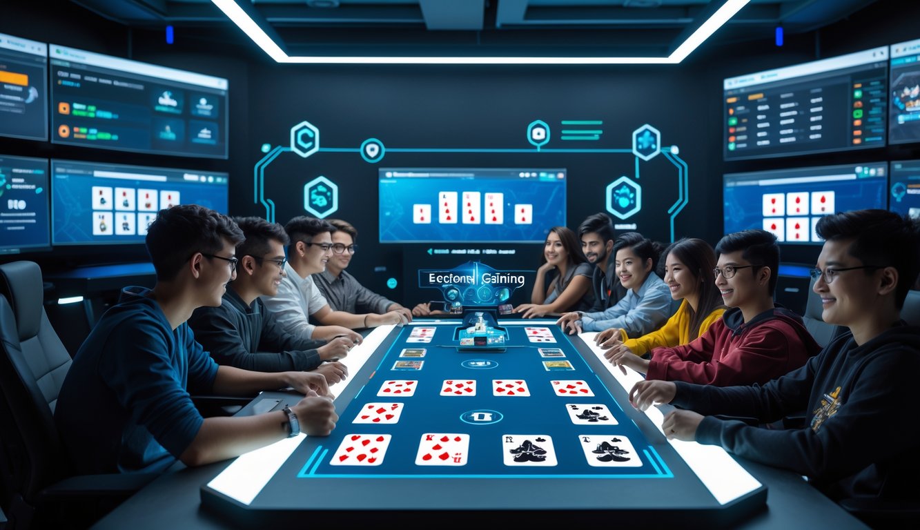 Sekelompok orang muda bermain game kartu online bersama di meja digital dengan layar komputer di ruangan modern.