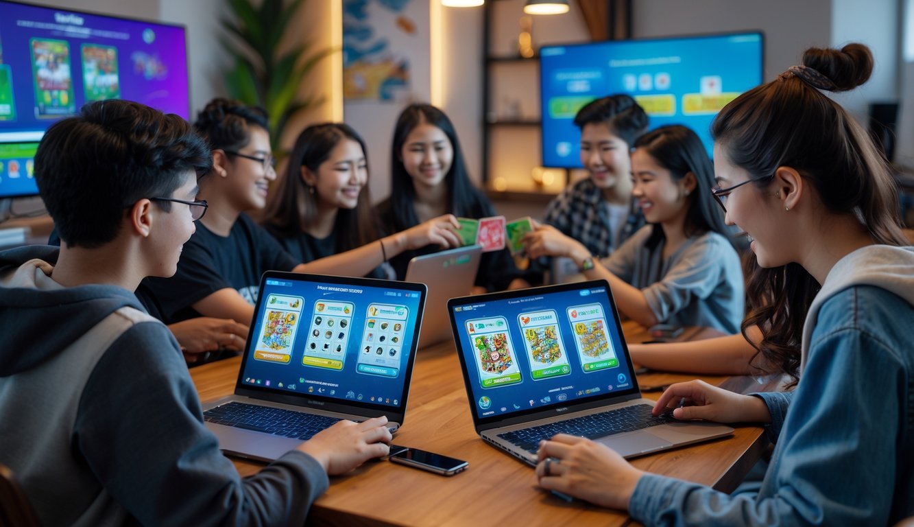 Sekelompok orang muda sedang bermain game kartu online bersama menggunakan laptop dan ponsel di ruangan yang nyaman.