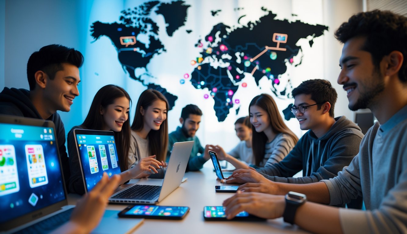 Sekelompok orang muda bermain game kartu online bersama menggunakan laptop dan ponsel di ruangan modern dengan peta dunia di latar belakang.